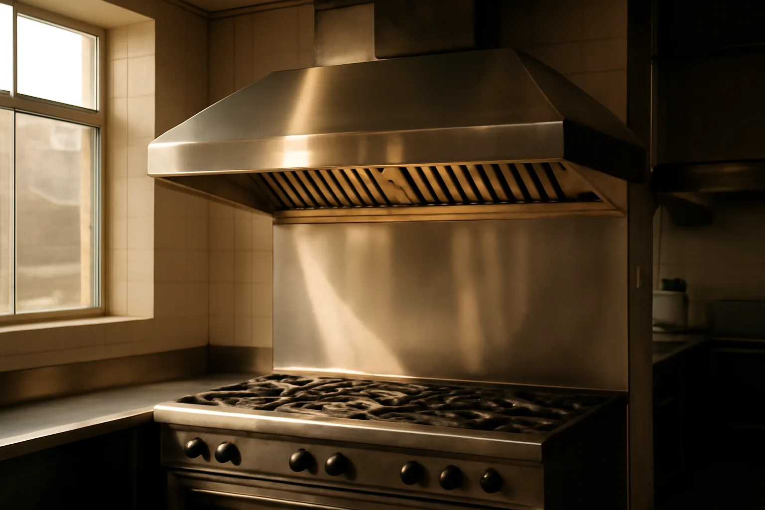 Stainless commercial kitchen hood above a gas range, restaurant kitchen setting