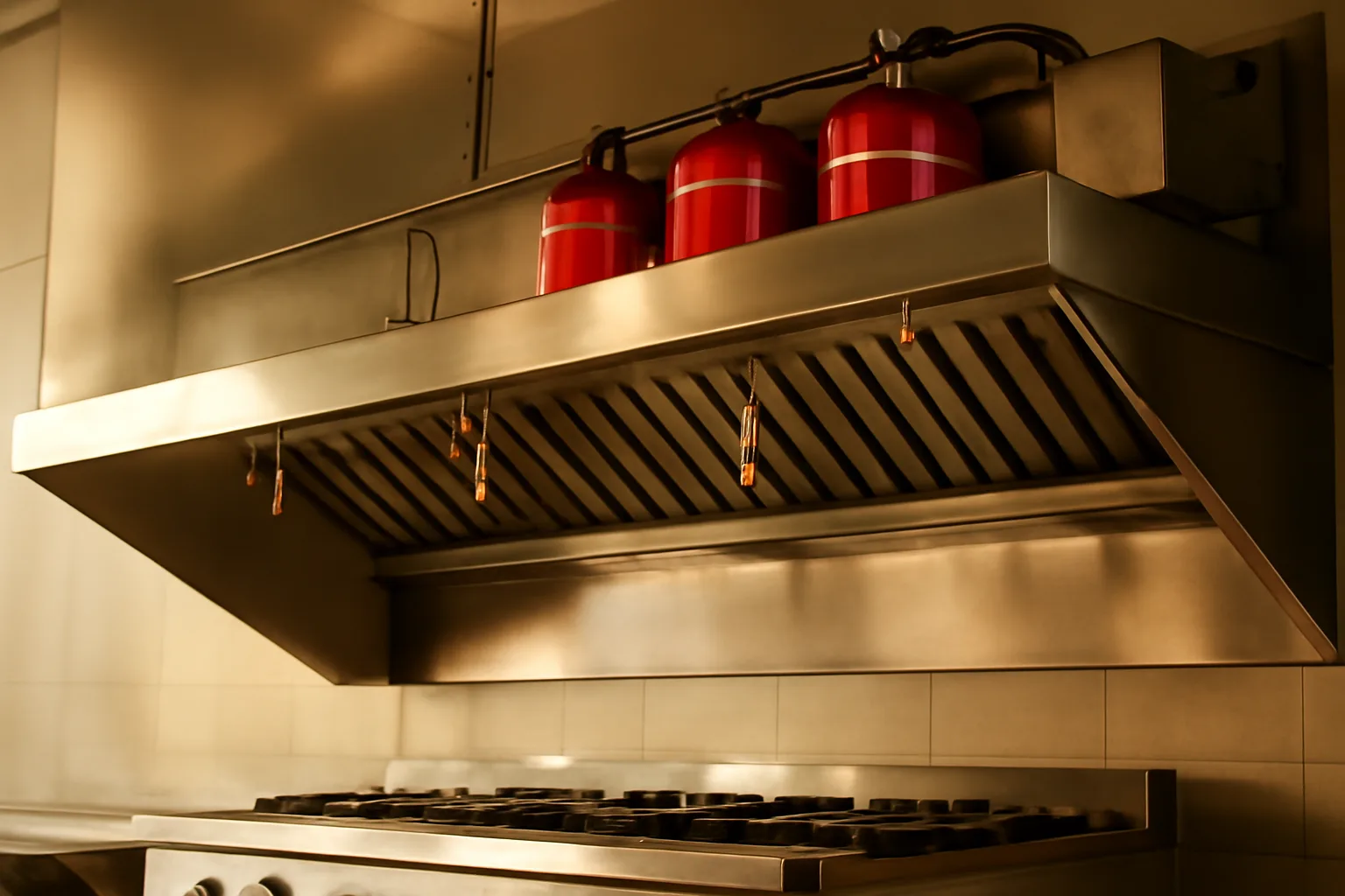 Kitchen hood Ansul suppression nozzles mounted inside a commercial restaurant hood above a gas range