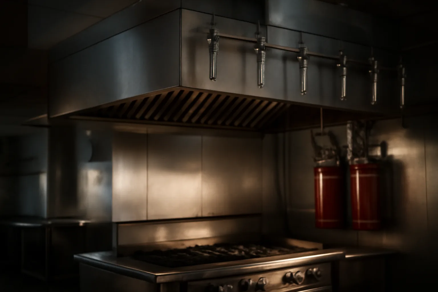 Commercial kitchen hood Ansul suppression nozzles and canisters mounted above a professional range in Alaska