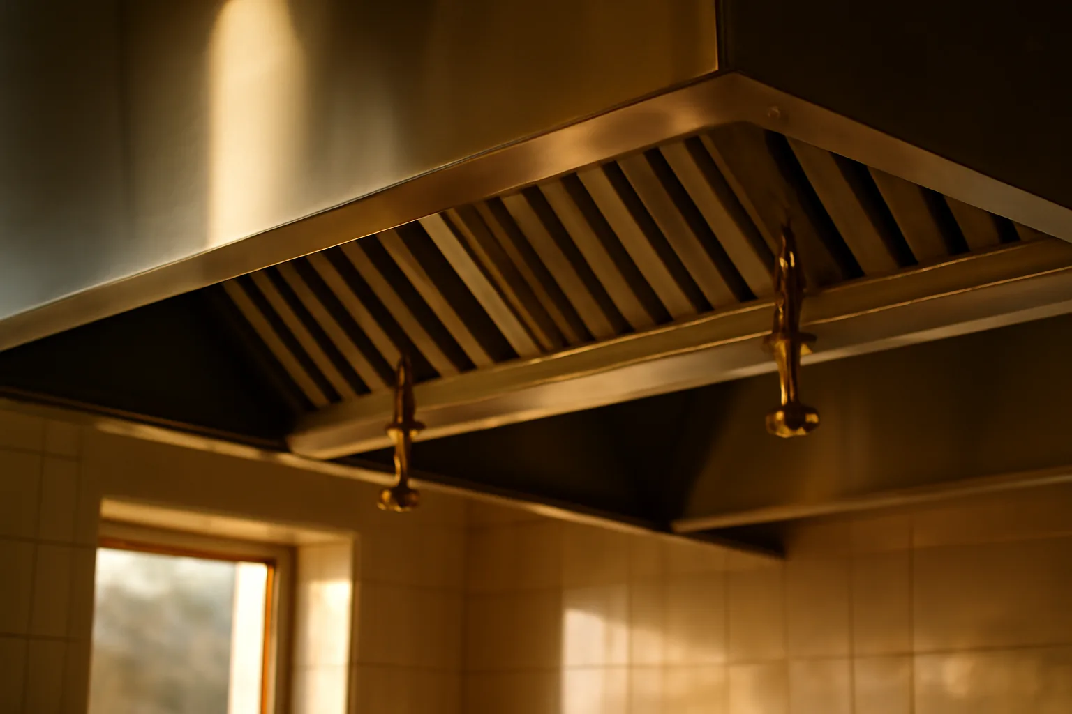 Commercial kitchen hood with fire suppression nozzles viewed from below in restaurant kitchen