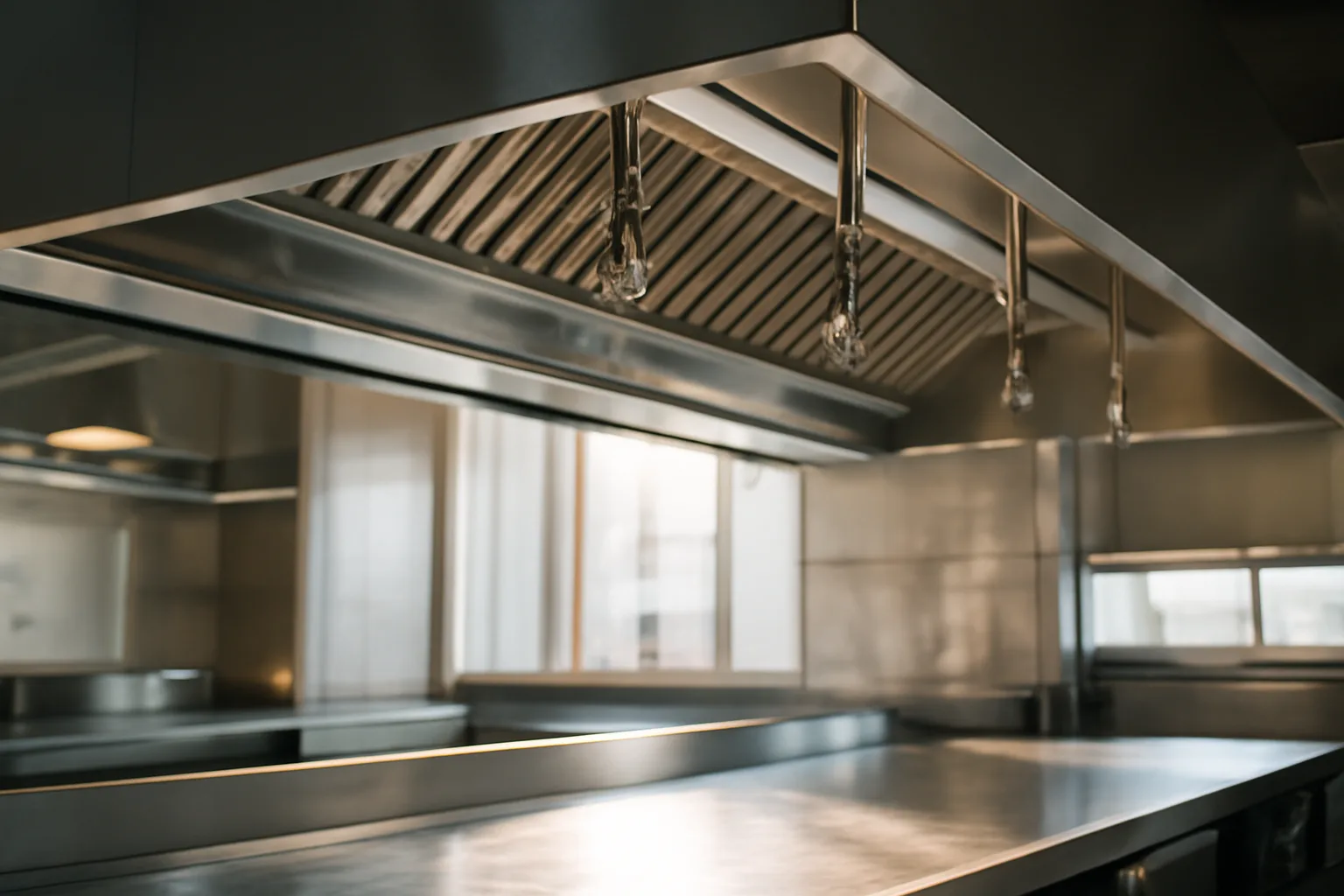 Commercial kitchen hood with Ansul suppression nozzles overhead in a restaurant