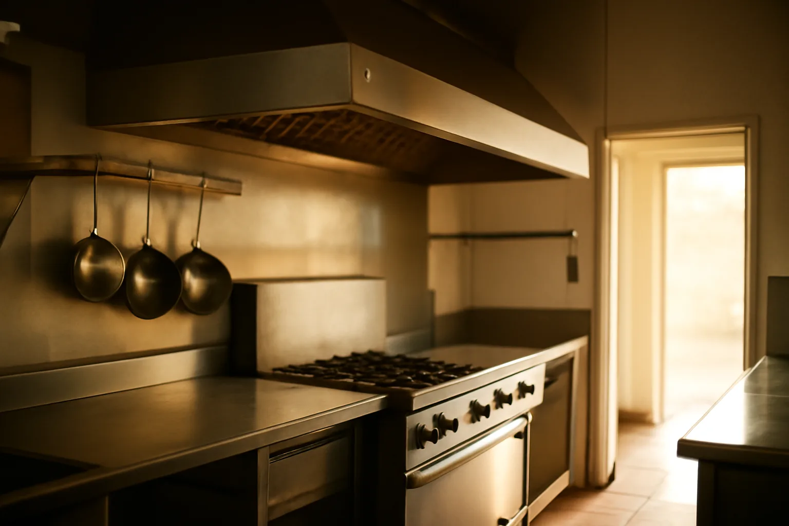 Stainless kitchen hood over a quiet California restaurant cook line