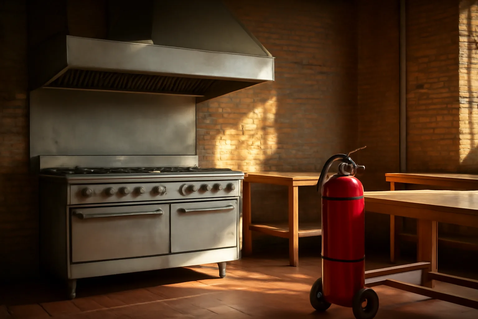 Red kitchen hood Ansul cylinder under a steel Colorado hood
