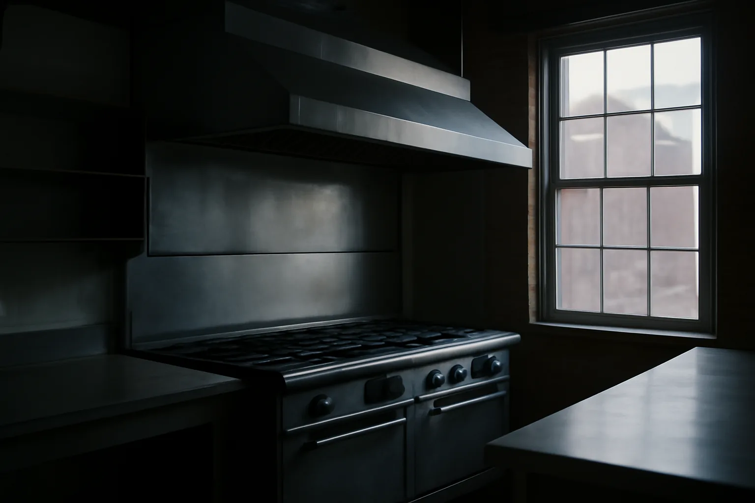 Stainless kitchen hood Ansul nozzles over a cold Connecticut range line