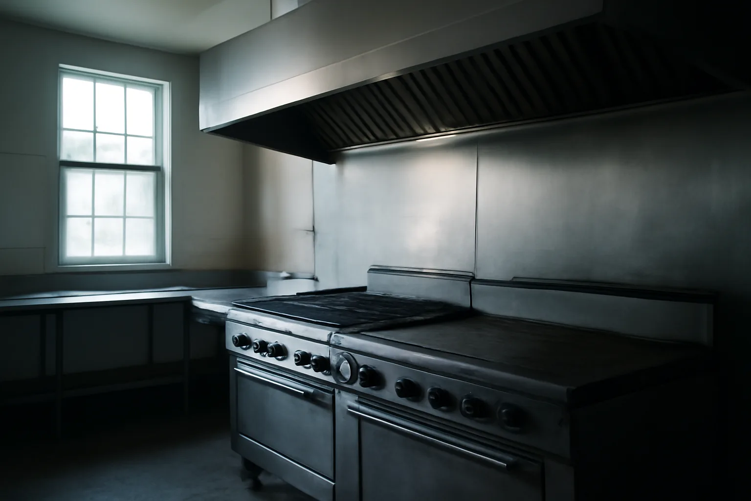 Empty Delaware restaurant kitchen hood in cool morning light
