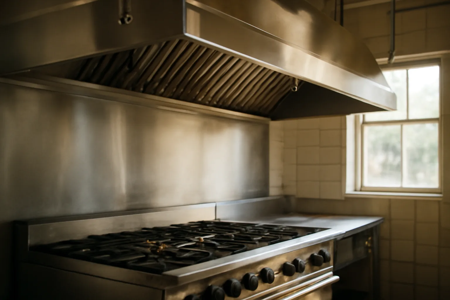Stainless kitchen hood with fire suppression nozzles above commercial range in Alabama restaurant