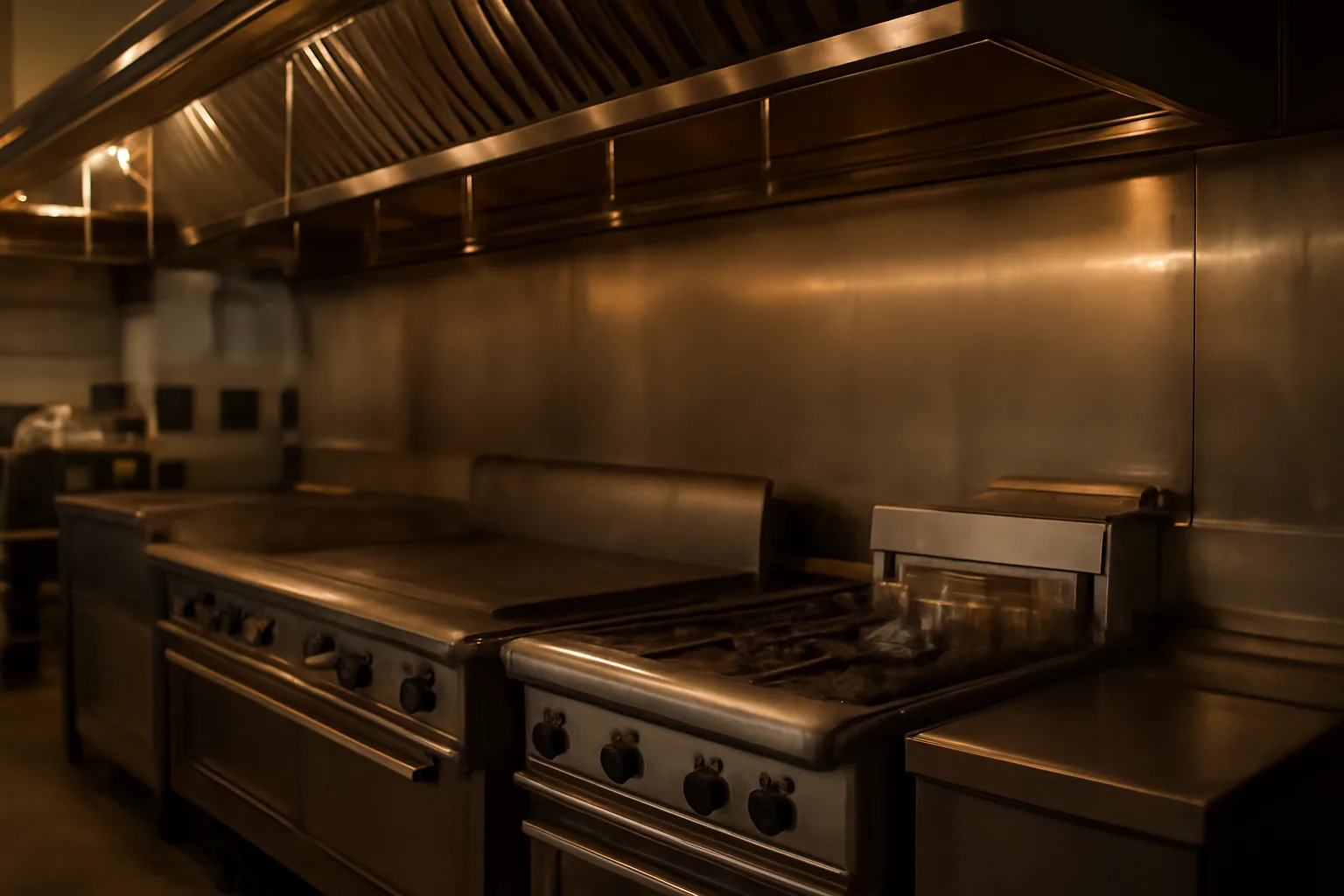 Stainless steel commercial kitchen hood with fire suppression nozzles in an Alaska restaurant