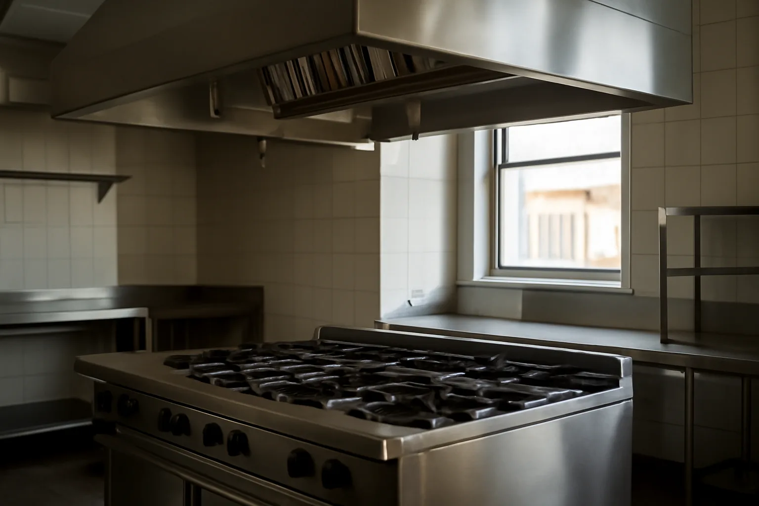 Stainless steel commercial kitchen hood with Ansul suppression nozzles visible inside