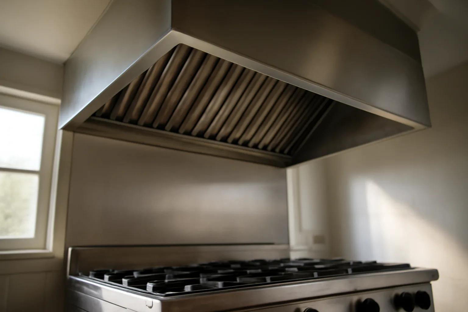 Stainless steel commercial kitchen hood over a gas range in a restaurant kitchen
