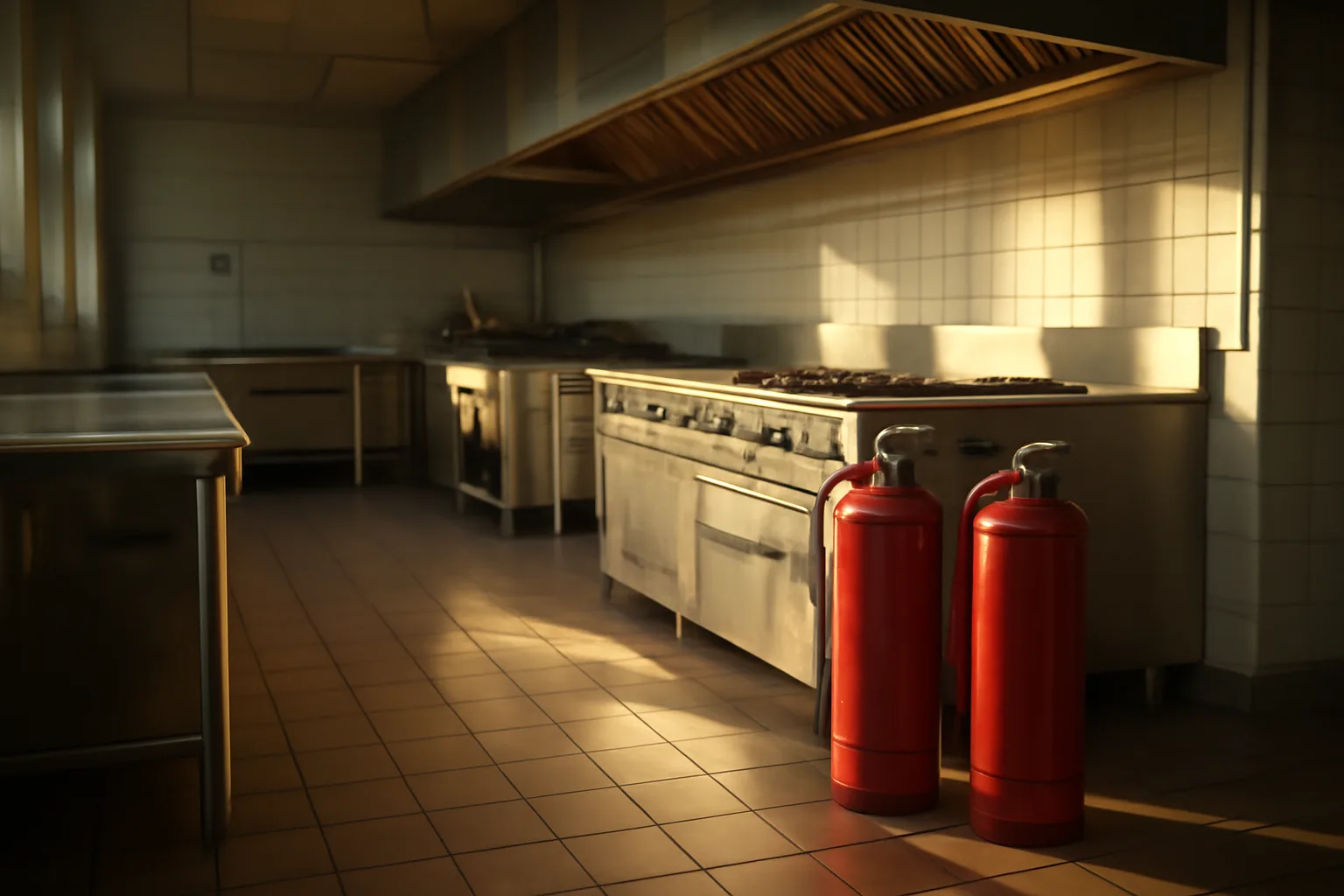 Stainless kitchen hood and suppression cylinders in a California restaurant