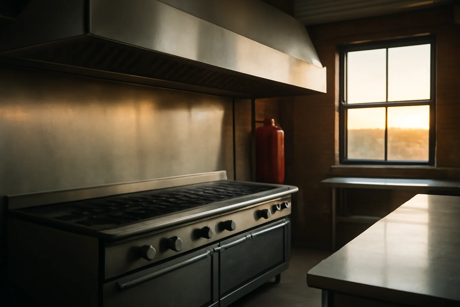 Stainless kitchen hood and red tank in a Colorado restaurant