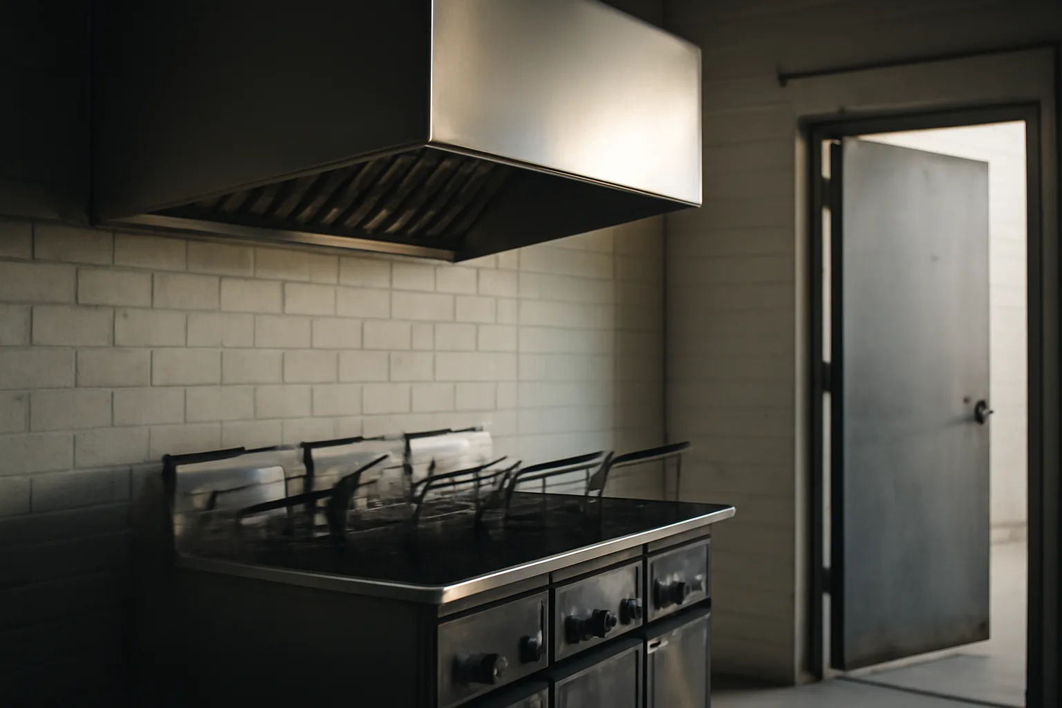 Stainless kitchen hood over fryers in an empty Delaware restaurant