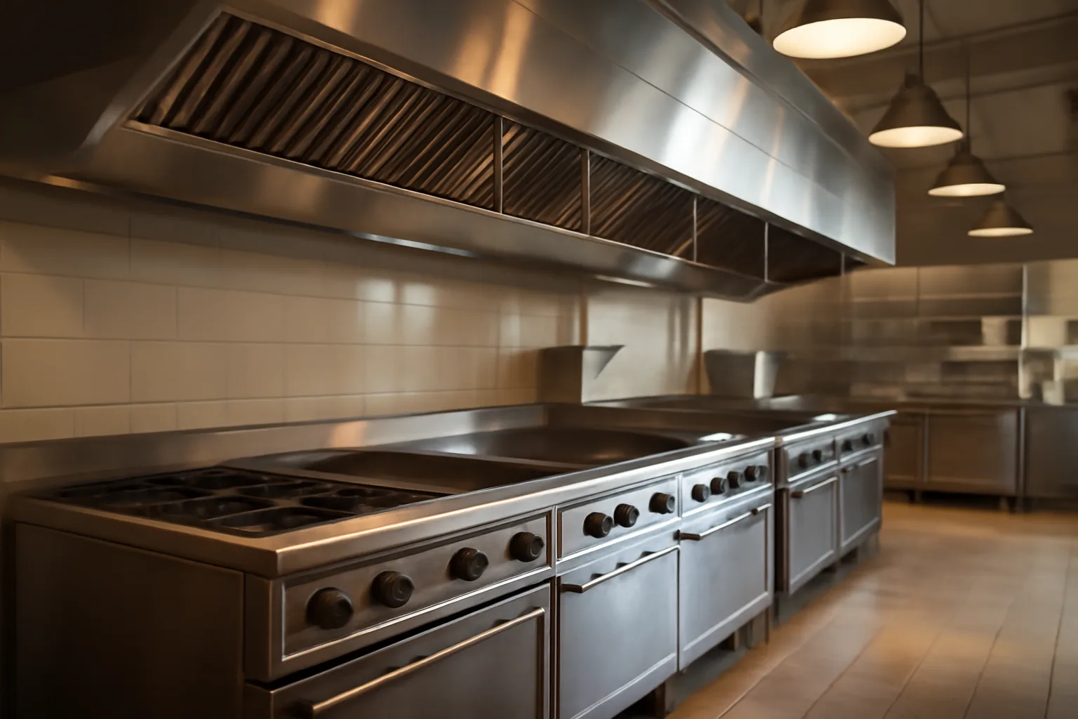 Stainless steel commercial kitchen hood with Ansul suppression nozzles installed above cooking line
