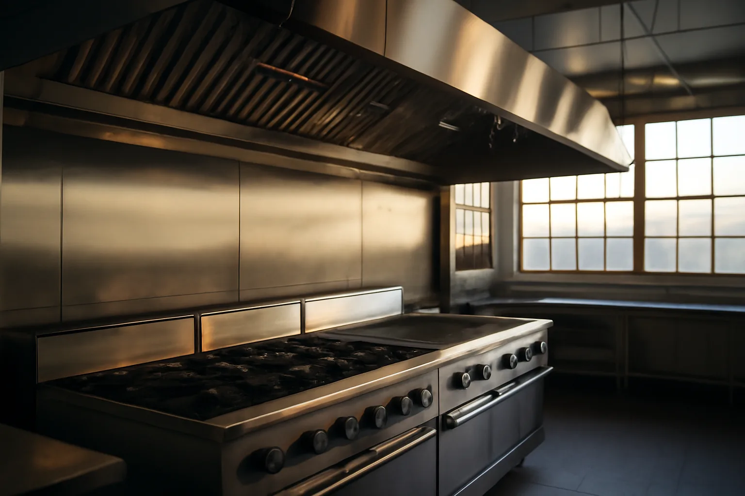 Commercial kitchen hood with Ansul suppression nozzles in an Anchorage Alaska restaurant