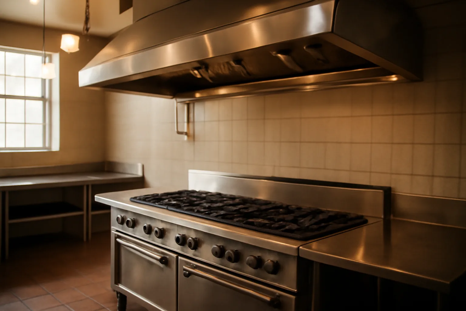 Stainless steel commercial kitchen hood with Ansul suppression nozzles visible inside canopy