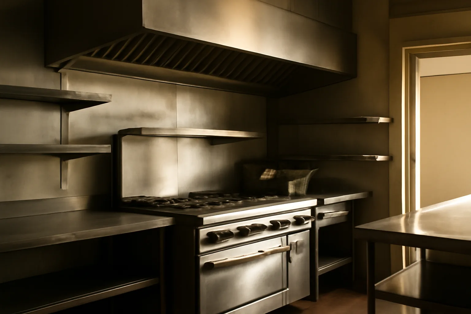 Stainless kitchen hood over a cold California restaurant cookline