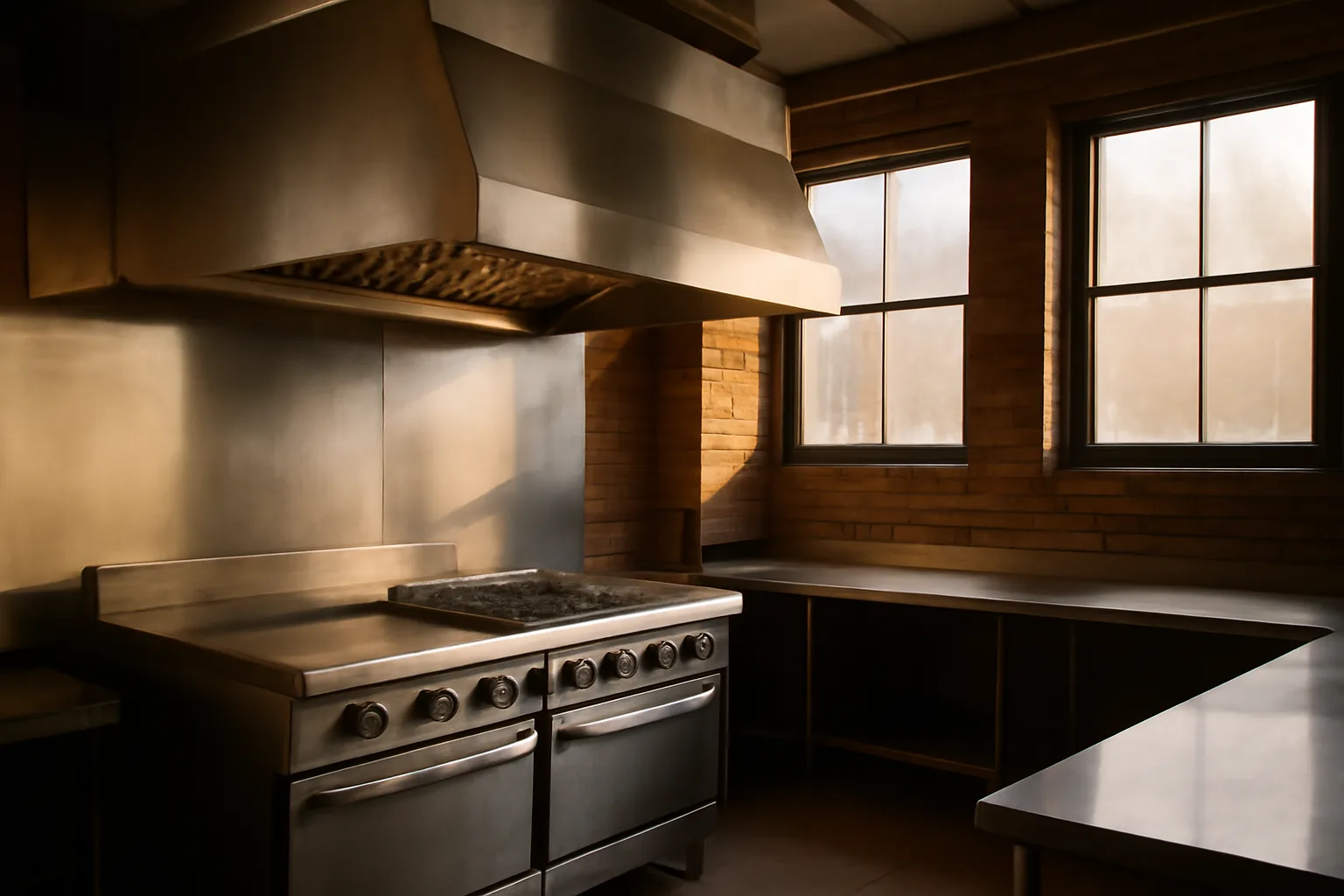Stainless kitchen hood over a quiet Colorado restaurant cook line