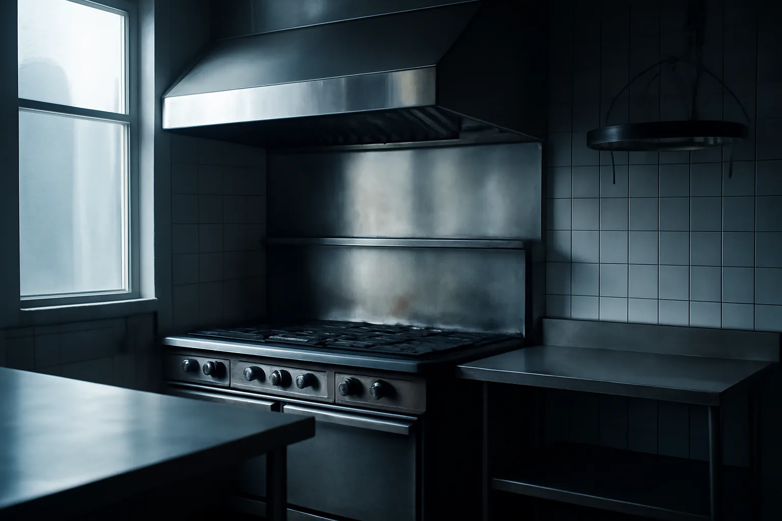 Stainless kitchen hood over a range in a Delaware restaurant