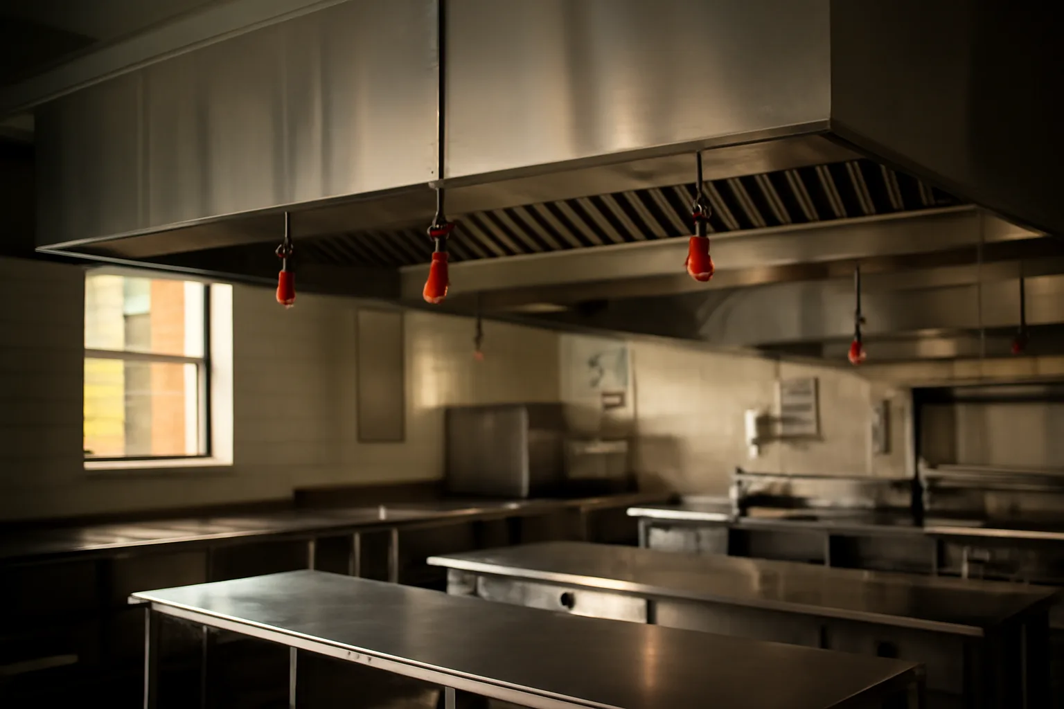 Stainless commercial kitchen hood with Ansul suppression nozzles in an Alabama restaurant