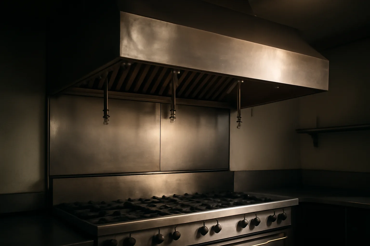 Stainless kitchen hood with suppression nozzles above a commercial range in an Alaska restaurant