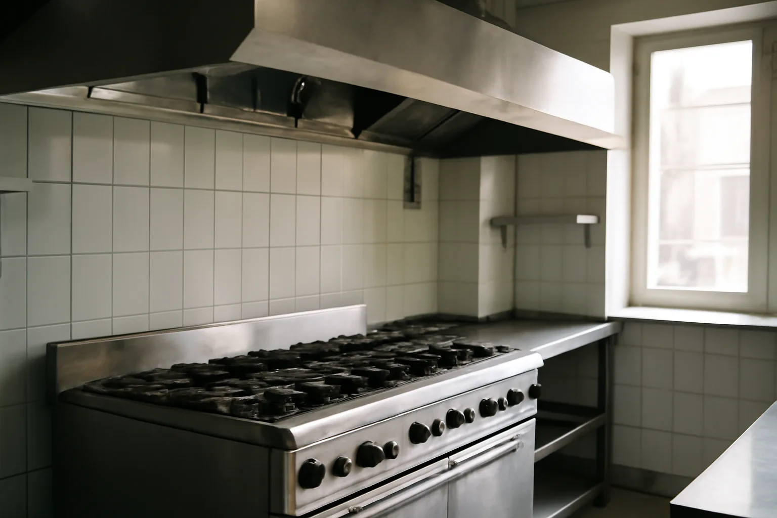 Stainless steel commercial kitchen hood with fire suppression nozzles mounted above a gas range