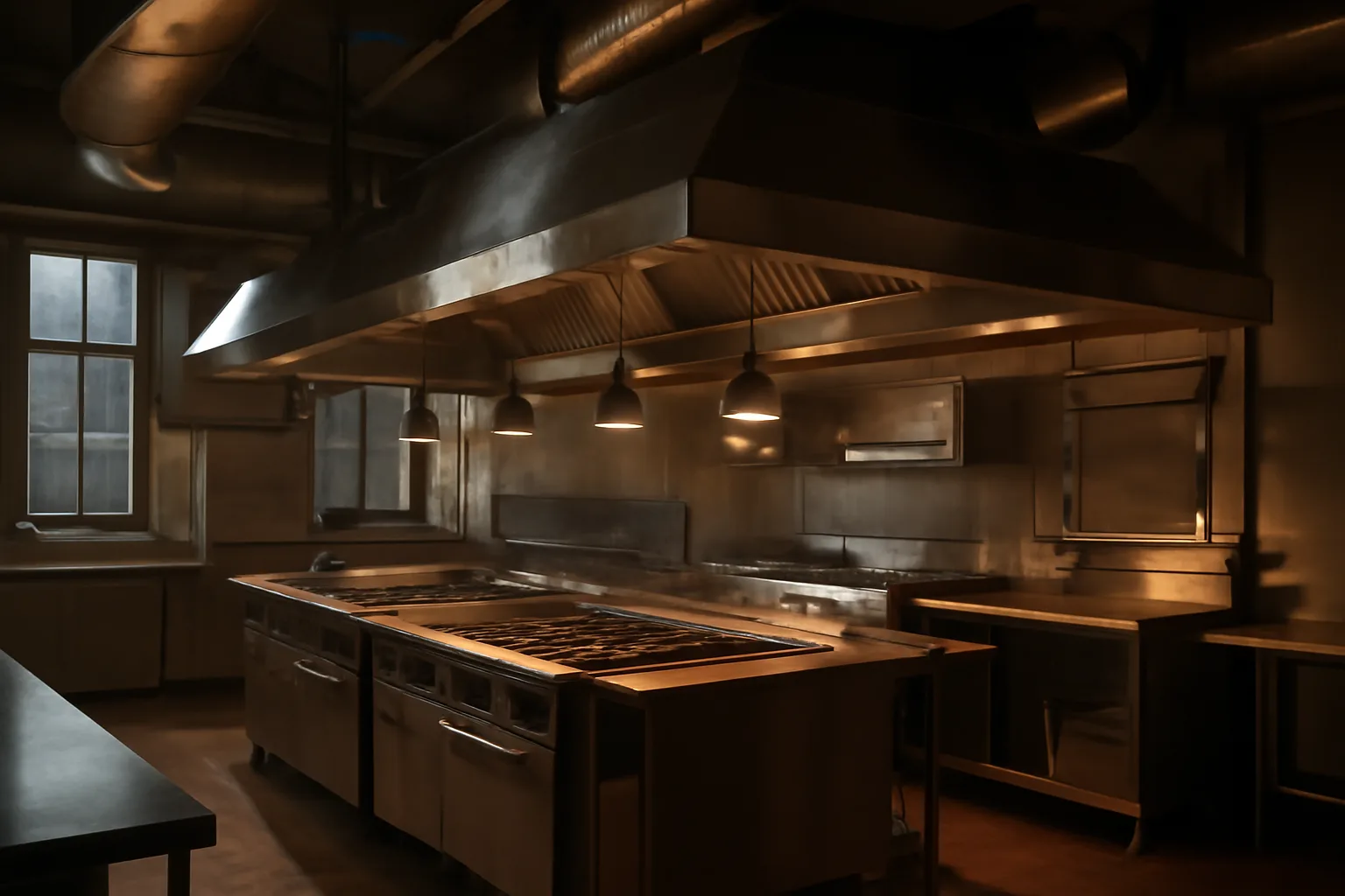 Stainless steel commercial kitchen hood system viewed from below in empty restaurant kitchen