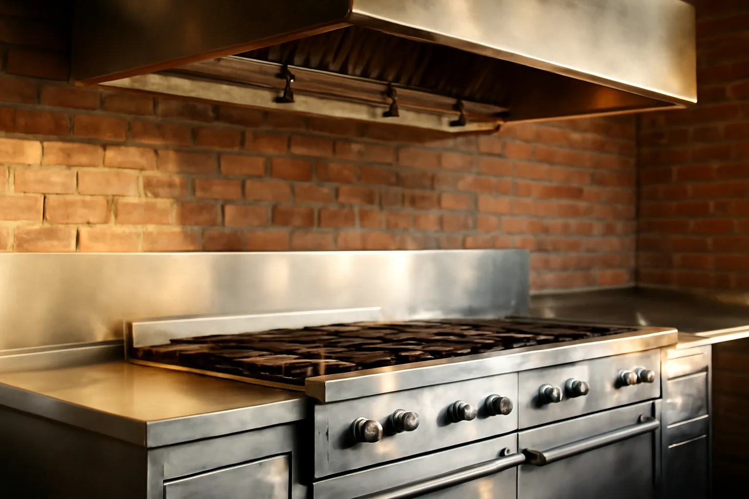 Stainless California kitchen hood with Ansul-style nozzles over a range