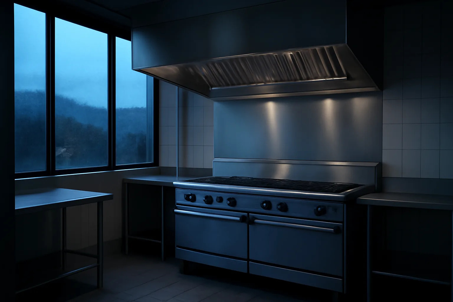 Stainless kitchen hood over a dark Colorado cook line