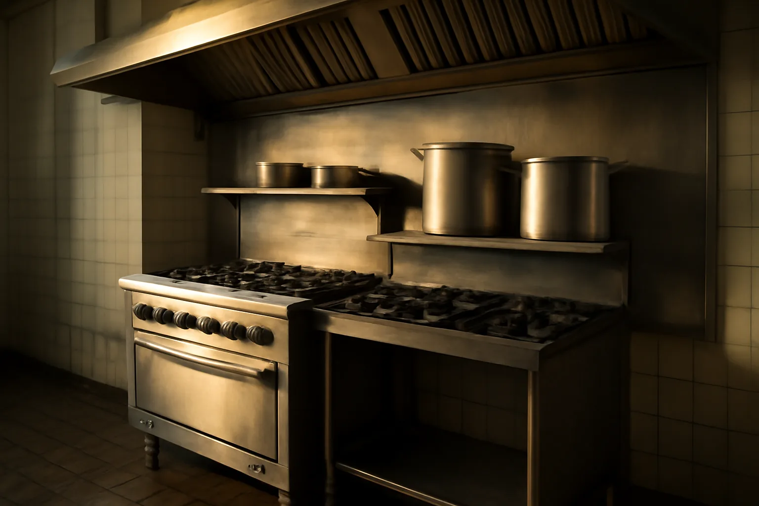 Stainless kitchen hood over a dark range in a Delaware restaurant