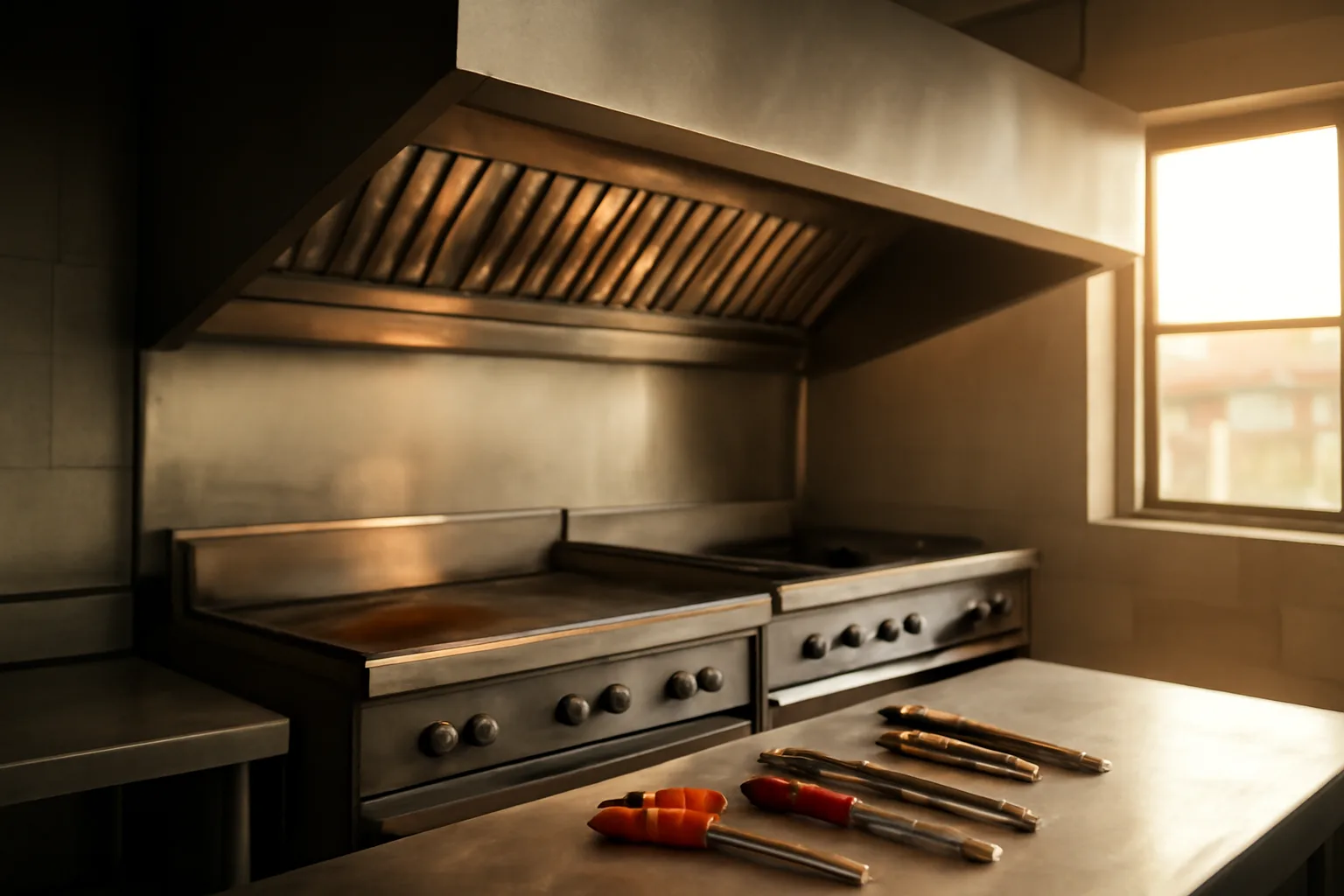Commercial kitchen hood above a stainless steel cooking line with inspection tools nearby