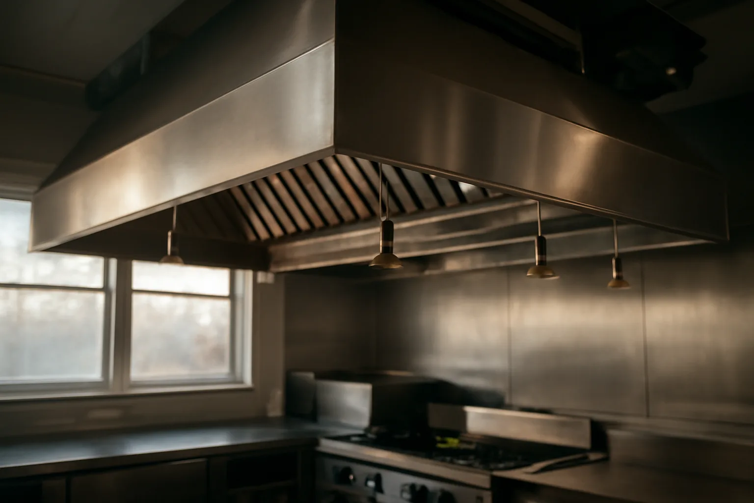 Stainless steel commercial kitchen hood with Ansul suppression nozzles in an Alaska restaurant