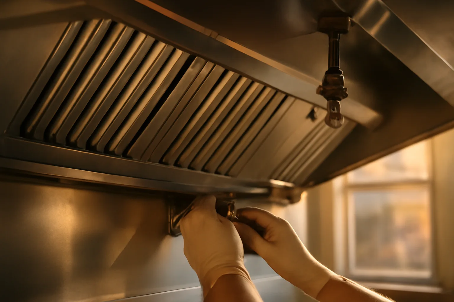Commercial kitchen hood with fire suppression nozzle visible during Ansul inspection in Arizona restaurant