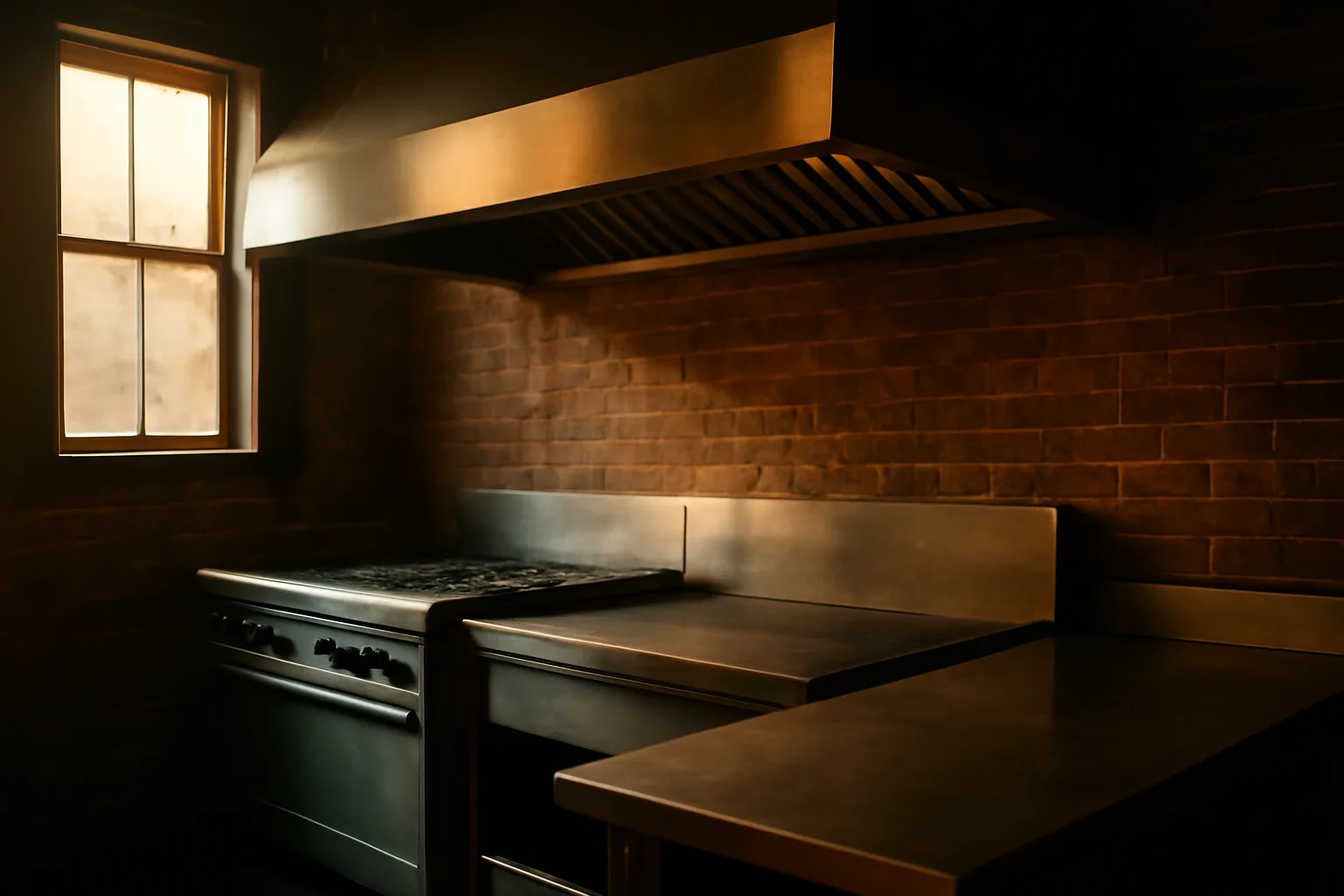 Empty Arkansas kitchen cook line under a hood awaiting Ansul work