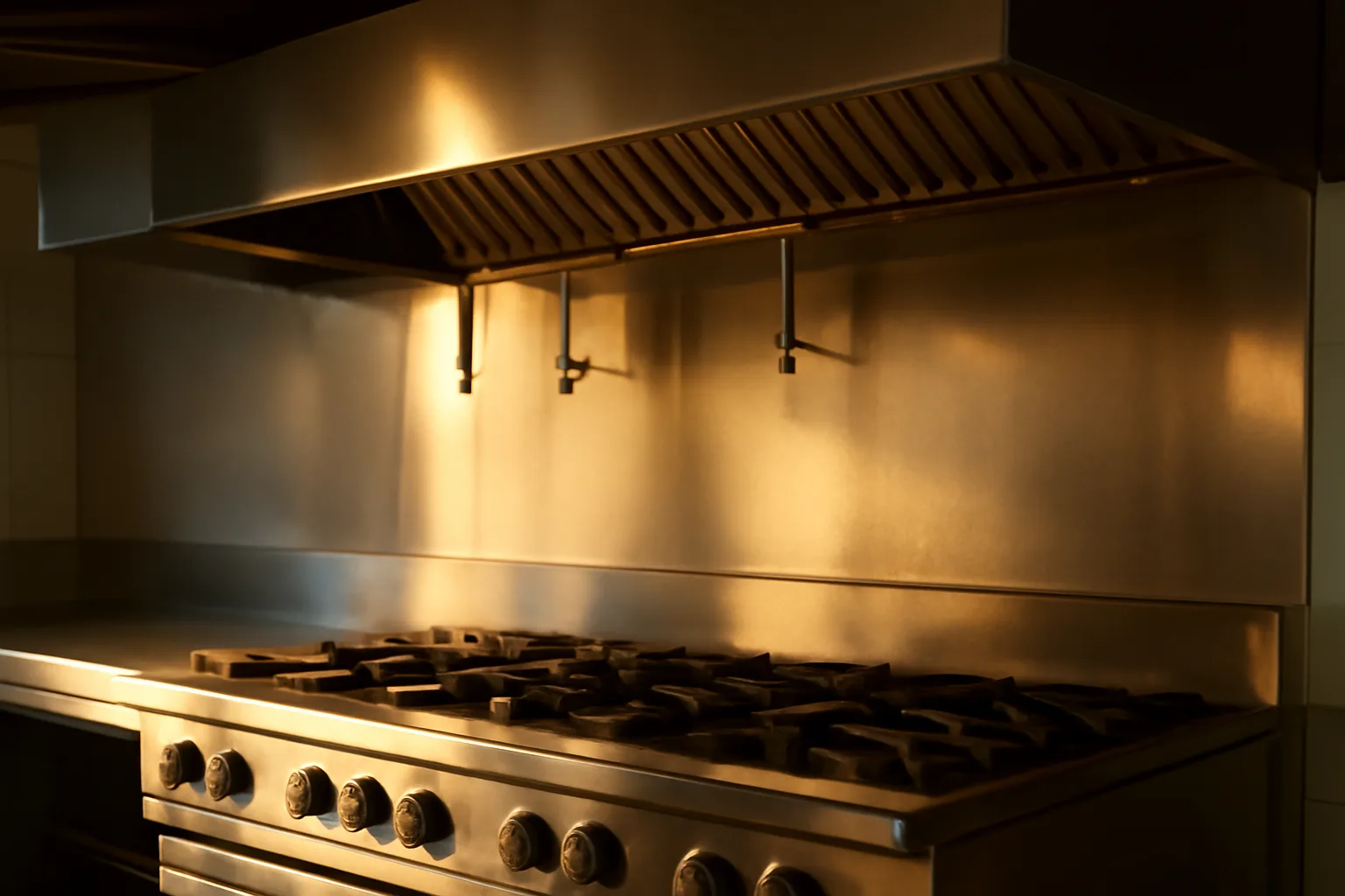 California kitchen hood with fire suppression nozzles over a cold range