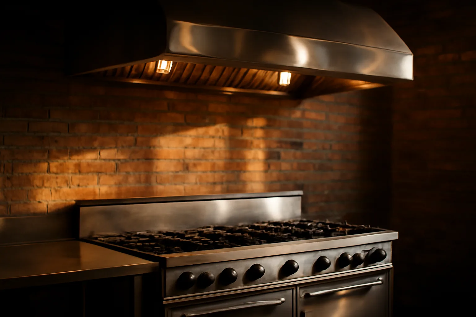 Stainless kitchen hood over a dark range in a closed Connecticut restaurant