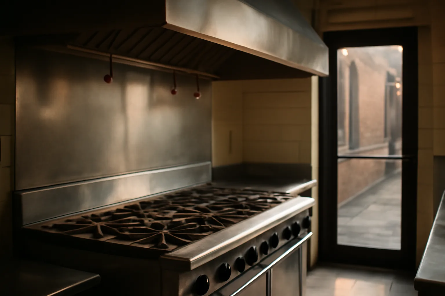 Kitchen hood Ansul nozzles over an idle Delaware range